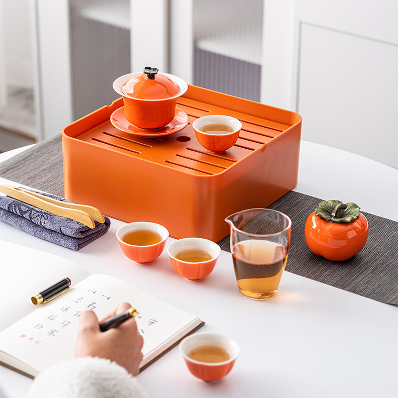 Persimmon Tea Set Travel Portableteapot Teacup Tea Tray