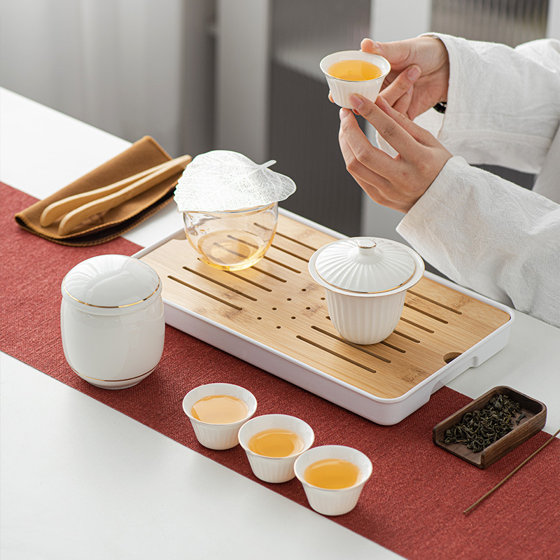 Mutton Fat Jade White Porcelain Travel Tea Set Complete Set