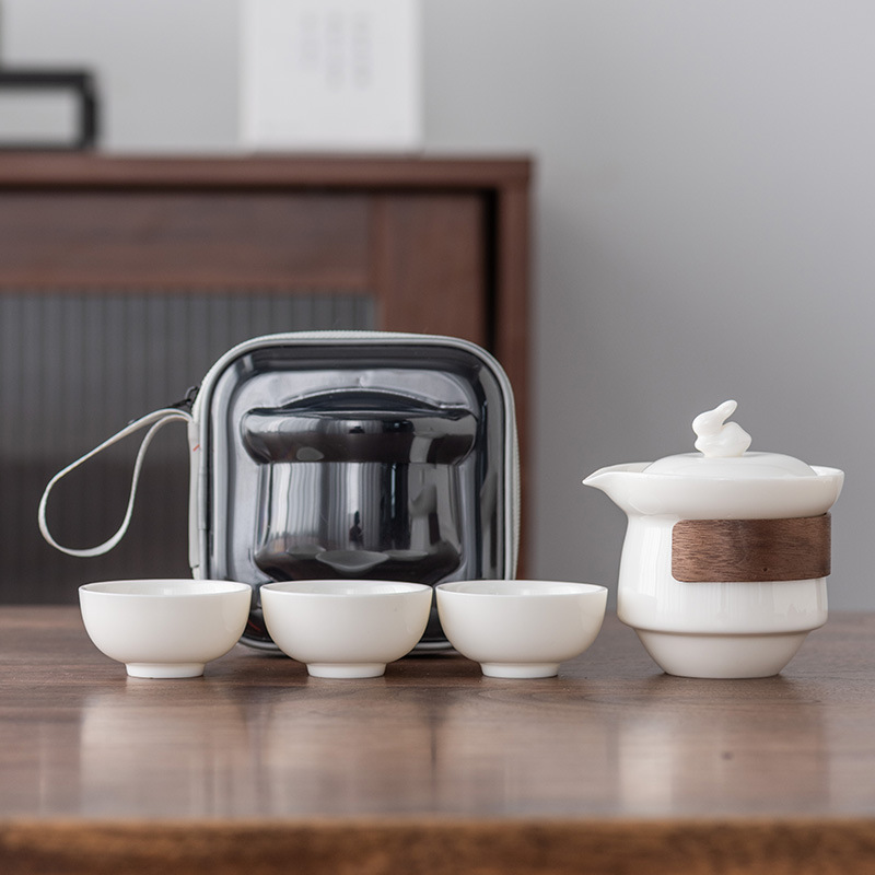 Jade Rabbit Mutton Fat Jade Travel Tea Set 