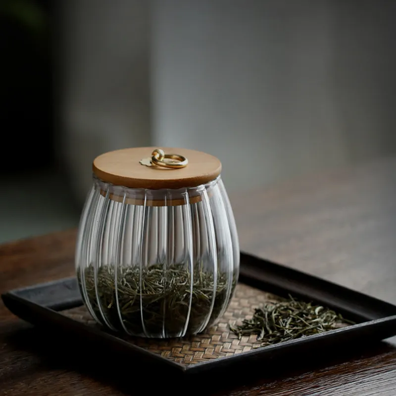 Bamboo Lid Metal Pull Ring Tea Dried Fruit Storage Jar