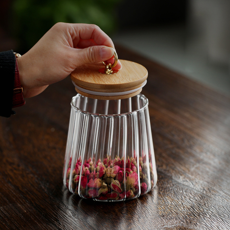 Bamboo Lid Metal Pull Ring Tea Dried Fruit Storage Jar