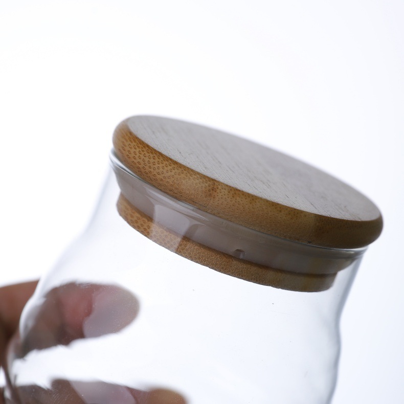 High Borosilicate Transparent Bamboo Lid Threaded Glass Tea Storage Jar