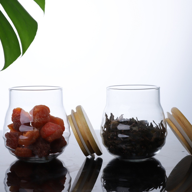 High Borosilicate Transparent Bamboo Lid Threaded Glass Tea Storage Jar