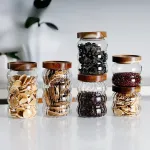 Striped Glass Sealed Jar Acacia Wood Lid Tea Sealed Jar