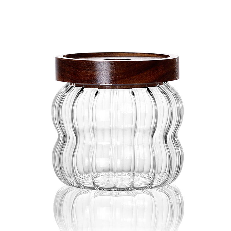 Striped Glass Sealed Jar Acacia Wood Lid Tea Sealed Jar