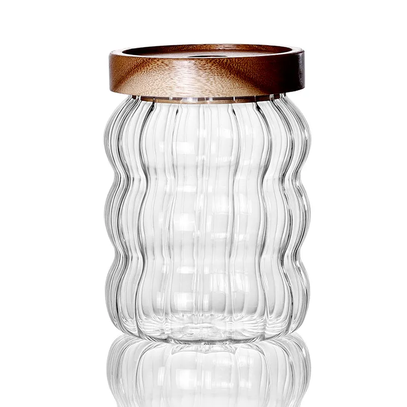 Striped Glass Sealed Jar Acacia Wood Lid Tea Sealed Jar