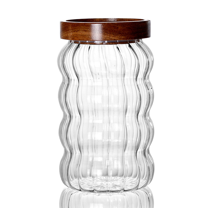 Striped Glass Sealed Jar Acacia Wood Lid Tea Sealed Jar