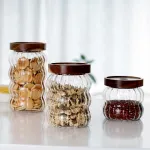 Striped Glass Sealed Jar Acacia Wood Lid Tea Sealed Jar