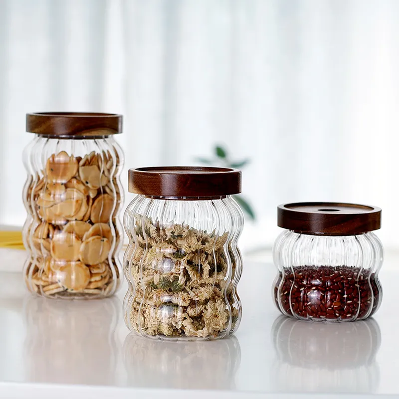 Striped Glass Sealed Jar Acacia Wood Lid Tea Sealed Jar