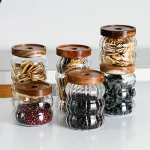 Striped Glass Sealed Jar Acacia Wood Lid Tea Sealed Jar