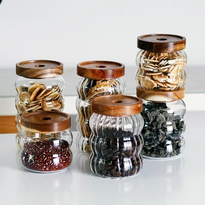 Striped Glass Sealed Jar Acacia Wood Lid Tea Sealed Jar 02