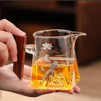 Artistic Borosilicate Glass Tea Set With Wooden Handle 01