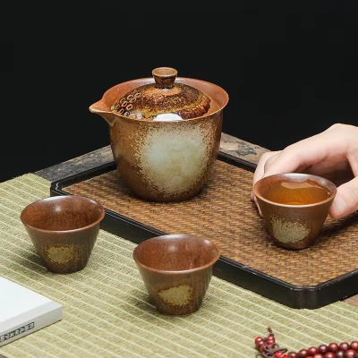 Ceramic Travel Tea Set Golden Dragon Fish Teapot Teacup 02