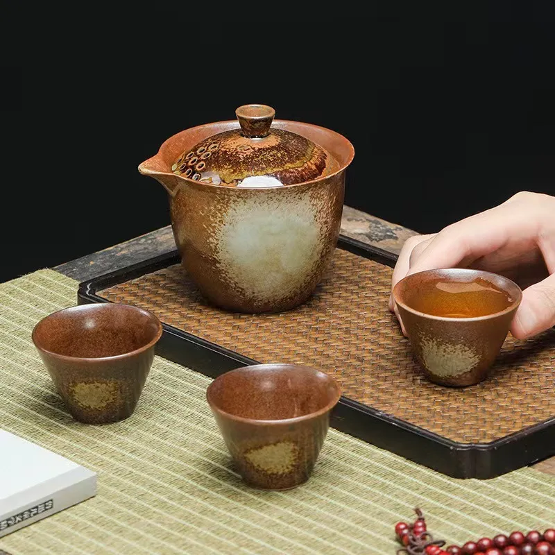 Ceramic Travel Tea Set Golden Dragon Fish Teapot Teacup