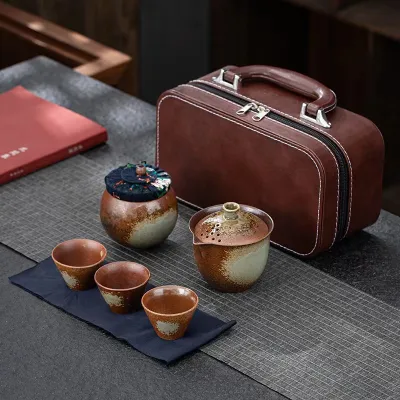 Ceramic Travel Tea Set Golden Dragon Fish Teapot Teacup 01