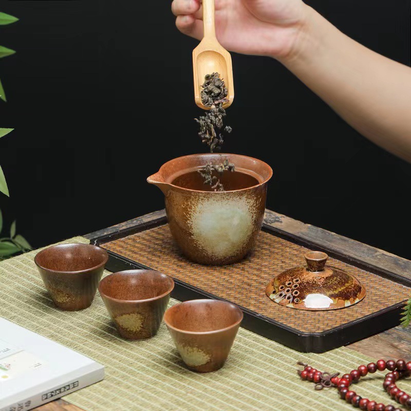 Ceramic Travel Tea Set Golden Dragon Fish Teapot Teacup