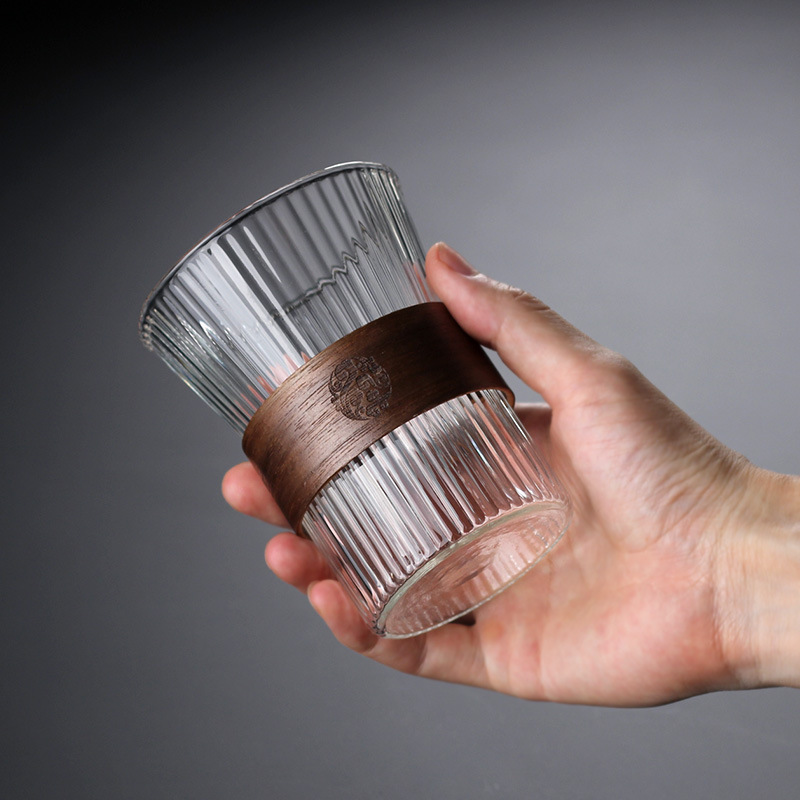 Wooden Ring Vertical Pattern High Borosilicate Glass Water Cup