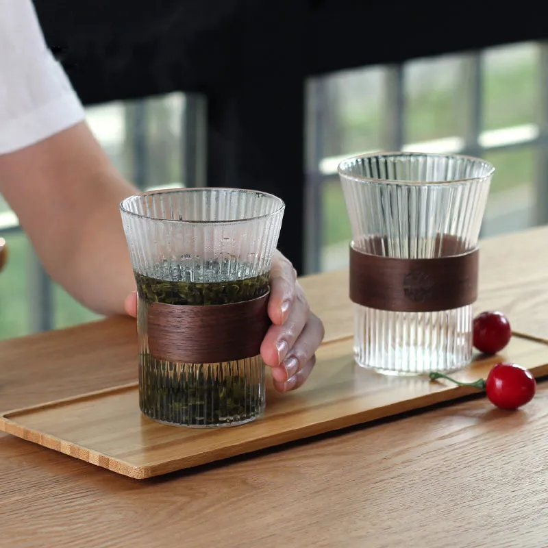 Wooden Ring Vertical Pattern High Borosilicate Glass Water Cup