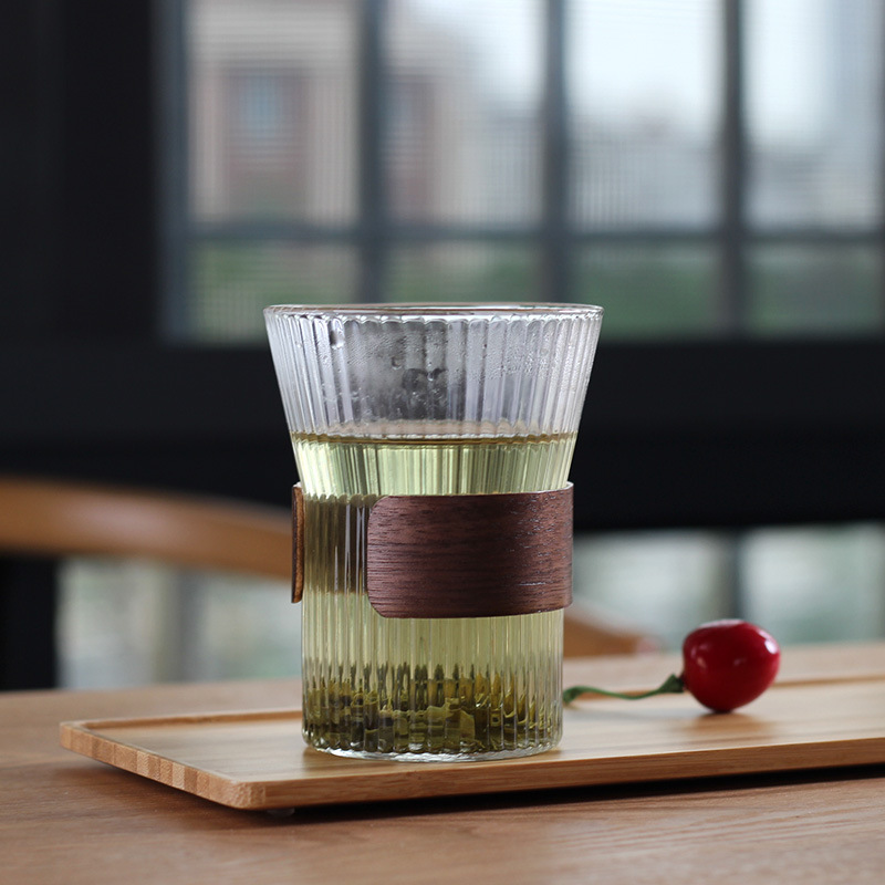Wooden Ring Vertical Pattern High Borosilicate Glass Water Cup