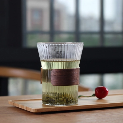 Wooden Ring Vertical Pattern High Borosilicate Glass Water Cup 02