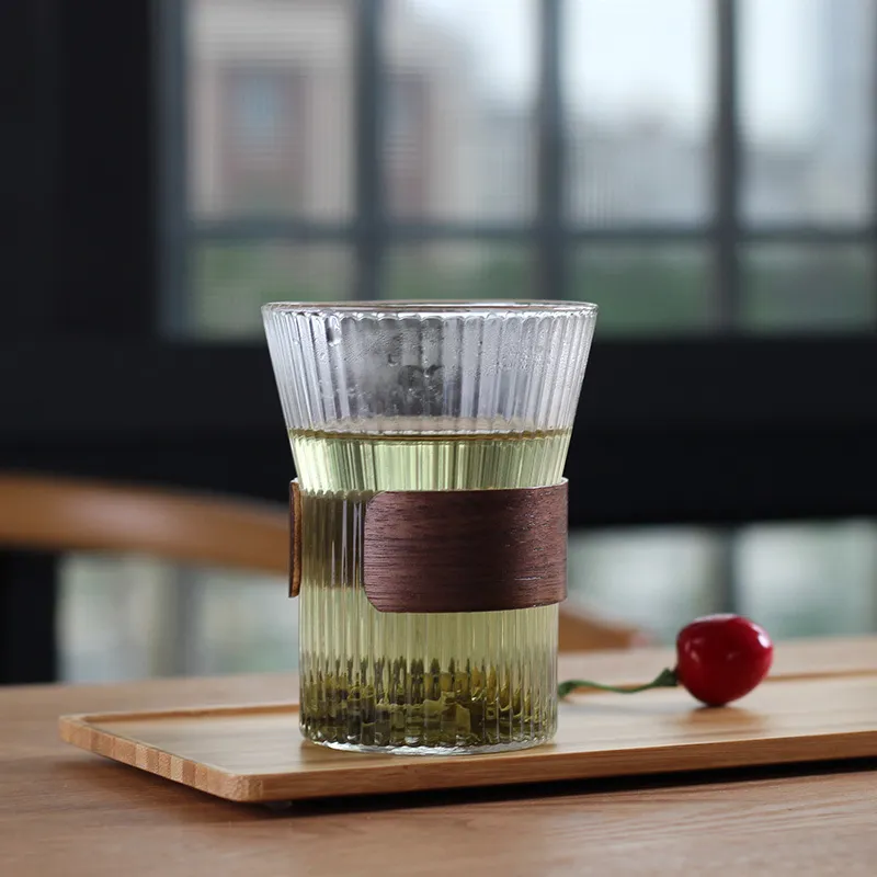 Wooden Ring Vertical Pattern High Borosilicate Glass Water Cup