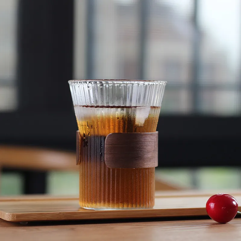 Wooden Ring Vertical Pattern High Borosilicate Glass Water Cup