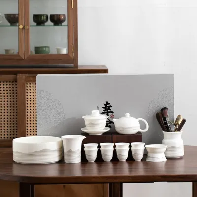 Mutton Fat Jade Kung Fu Tea Set Ink Landscape High-end Gift Box 01