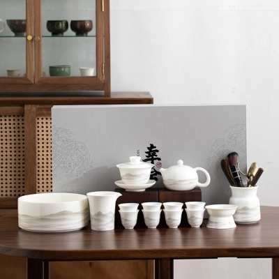 Mutton Fat Jade Kung Fu Tea Set Ink Landscape High-end Gift Box 01