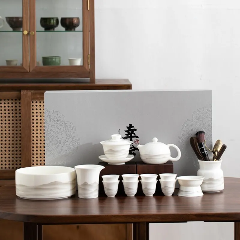 Mutton Fat Jade Kung Fu Tea Set Ink Landscape High-end Gift Box