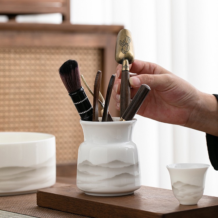 Mutton Fat Jade Kung Fu Tea Set Ink Landscape High-end Gift Box