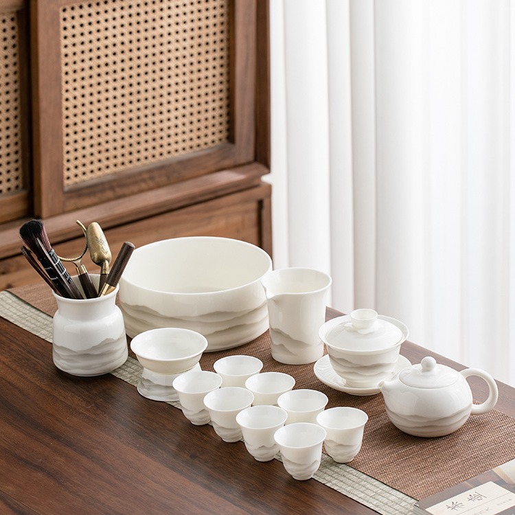 Mutton Fat Jade Kung Fu Tea Set Ink Landscape High-end Gift Box