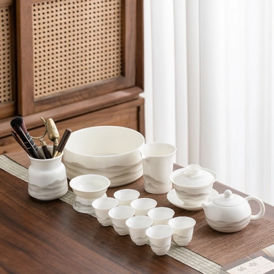 Mutton Fat Jade Kung Fu Tea Set Ink Landscape High-end Gift Box 02