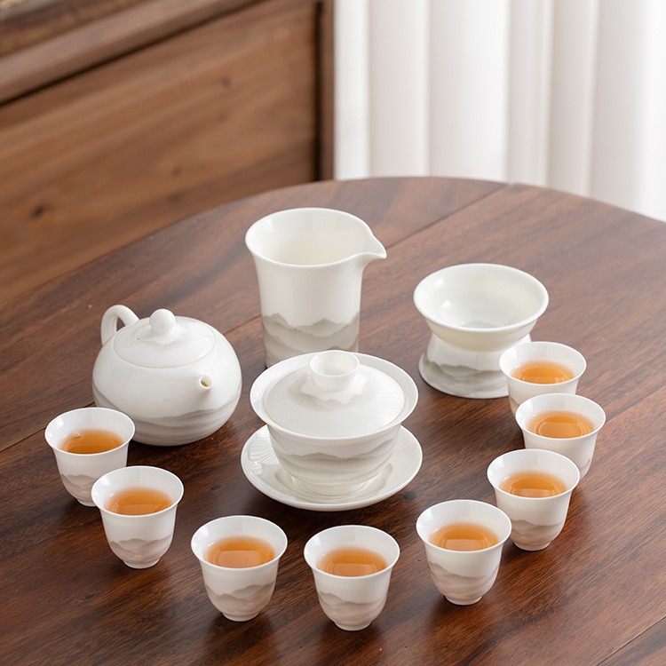 Mutton Fat Jade Kung Fu Tea Set Ink Landscape High-end Gift Box