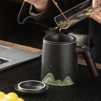 Landscape Painting Office Cup Tea And Water Separation Ceramic Water Cup 02