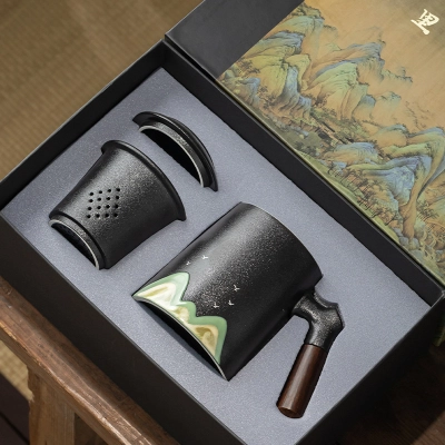 Landscape Painting Office Cup Tea And Water Separation Ceramic Water Cup 01