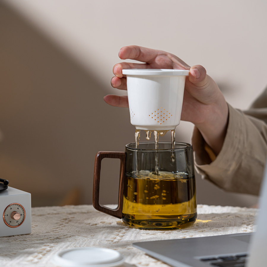 Simple Glass Ceramic Tea And Water Separation Cup With Lid 2