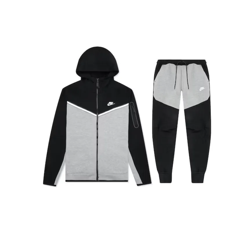 nike sportswear tech fleece full zip hoodie & joggers set black/dark grey heather/white