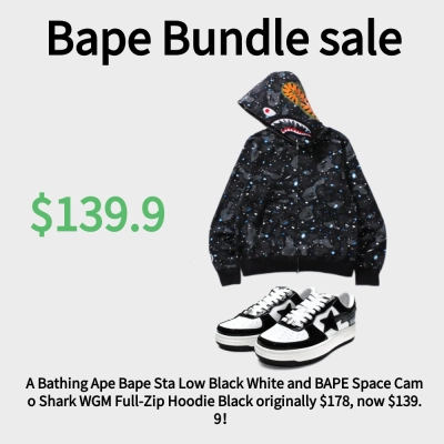🔥 A Bathing Ape Bape Sta Low Black White+ BAPE Space Camo Shark WGM Full-Zip Hoodie Black only $139.9 🎄 01