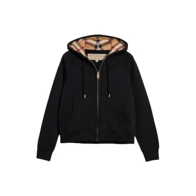 Burberry Zip Up Hoodie With Check Hood Black/Brich Brown 01