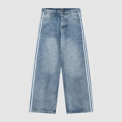 Balenciaga X Adidas Wide-Leg Jeans With Three Stripes On The Side Webbing Blue 01