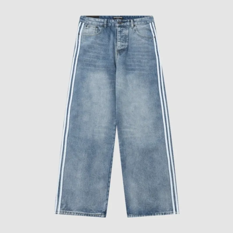 Balenciaga X Adidas Wide-Leg Jeans With Three Stripes On The Side Webbing Blue