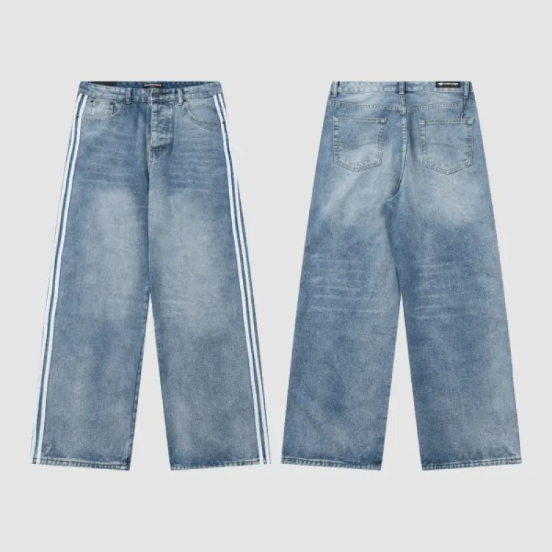 Balenciaga X Adidas Wide-Leg Jeans With Three Stripes On The Side Webbing Blue
