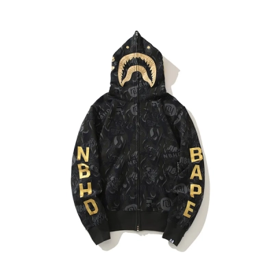BAPE x NBHD Skull Black And Gold Hoodie 01