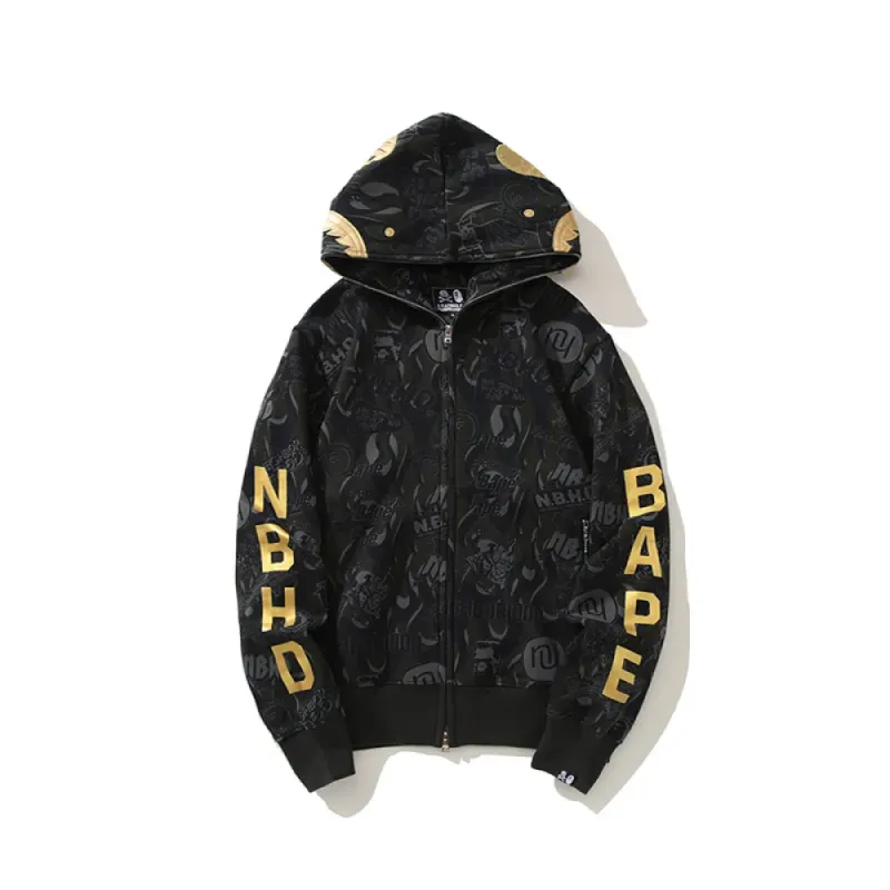 bape x nbhd skull black and gold hoodie