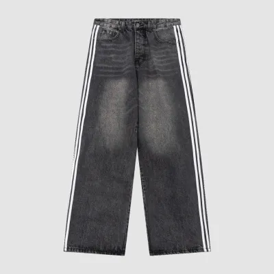 Balenciaga X Adidas Wide-Leg Jeans With Three Stripes On The Side Webbing Black 01