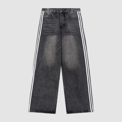 Balenciaga X Adidas Wide-Leg Jeans With Three Stripes On The Side Webbing Black 01