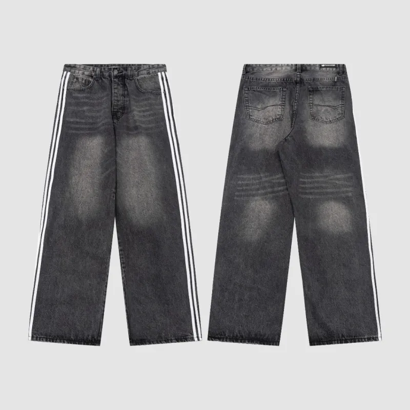 Balenciaga X Adidas Wide-Leg Jeans With Three Stripes On The Side Webbing Black