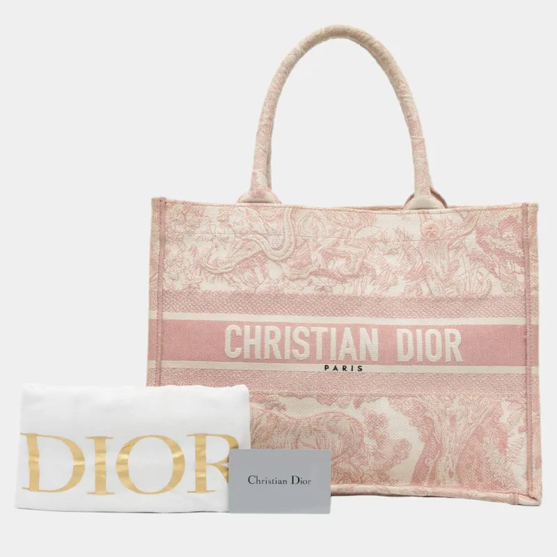 medium D*or book tote ecru and pink toile de jouy embroidery