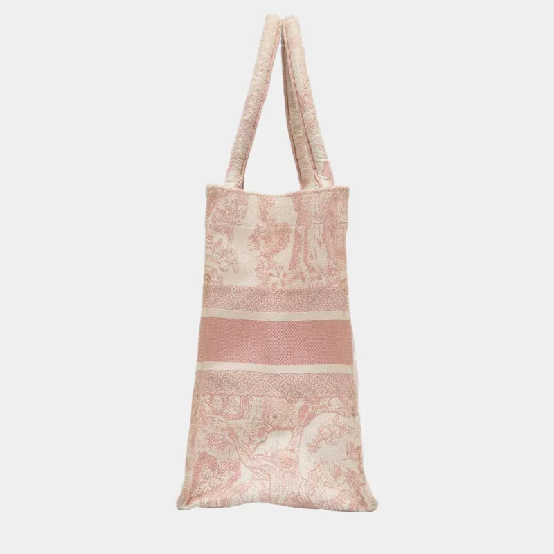 Medium Dior Book Tote Ecru and Pink Toile de Jouy Embroidery