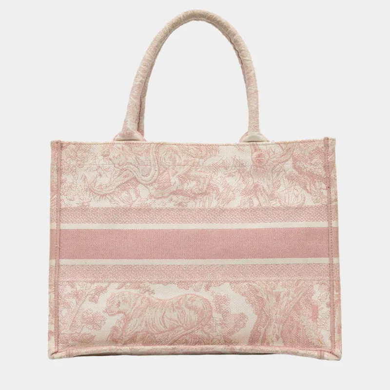 Medium Dior Book Tote Ecru and Pink Toile de Jouy Embroidery